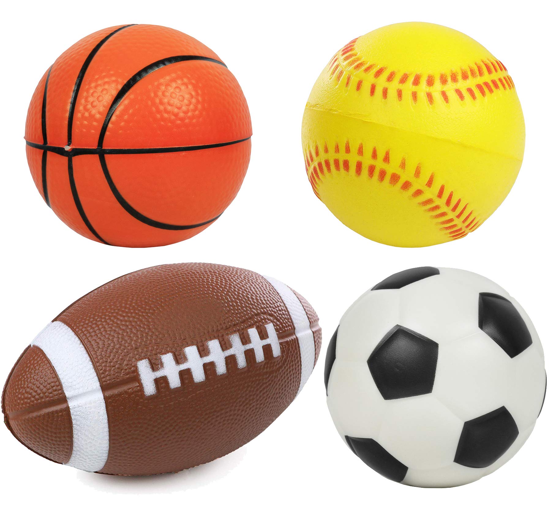 Kiddie Play Set of 4 Balls for Toddlers 4" Soft Soccer Ball Baseball Basketball and 6" Football for Kids