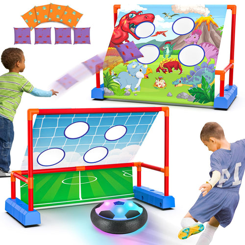 2-in-1 Moving Kick Toss Games for Kids Ages 3-12 Light Up Hover Soccer Ball with Animal Bean Bag Toss Indoor Outdoor Birthday Toys for 3 4 5 6 7 8 9 10 11 12 Year Old Boys Girls