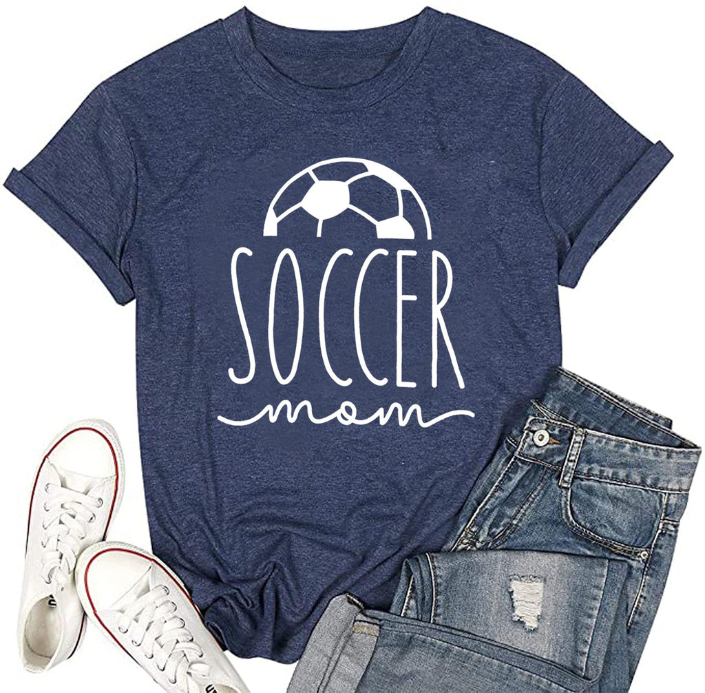 Women Soccer Mom Shirts Graphic Short Sleeve Funny Ball Game Day Football Tshirts Mom Life Casual Top Tees-Navy Grey L