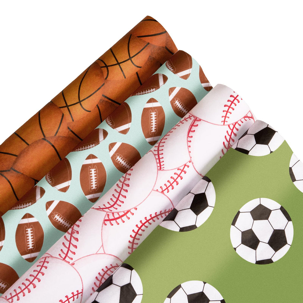 PAPER FAIR 100 Sheet Sports Ball Pattern Tissue Paper 14 x 20in Football Basketball Soccer Rugby Baseball Gift Wrapping Paper 4 Designs DIY Craft Art Paper for Baby Shower Birthday Party Gift Packing