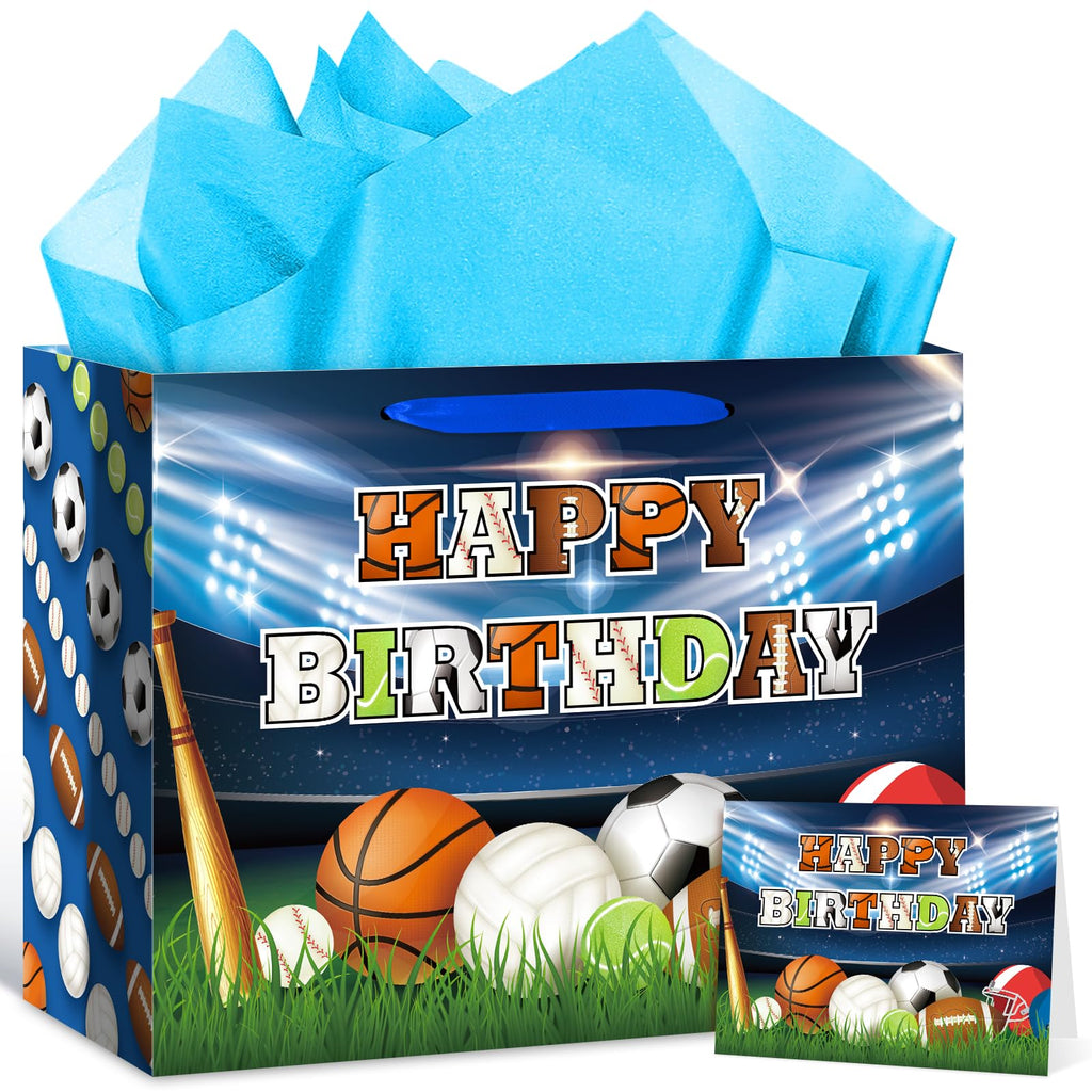 Sports Ball Birthday Gift Bag with Tissue Paper Greeting Card Soccer Party Favors Goodie Bag Baseball Wrap Bag Basketball Football Birthday Wrapping Paper for Boys Teens Party Decorations Supplies