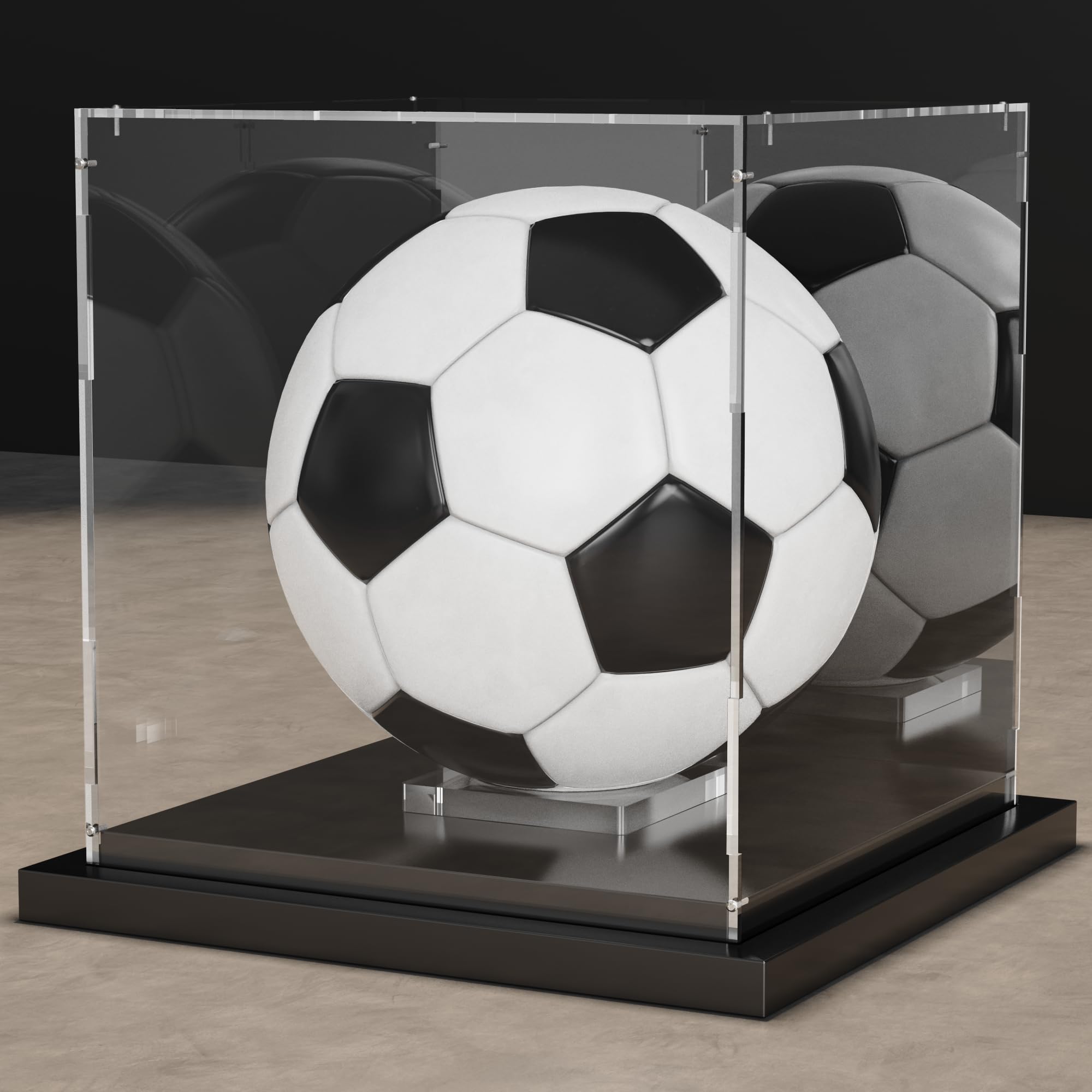 Putros Soccer Ball Display Case with Mirror and Black Metal Grooved Base Acrylic Soccer Ball Case with Transparent Removable Built-in Soccer Ball Display Stand for Autographed Volleyball