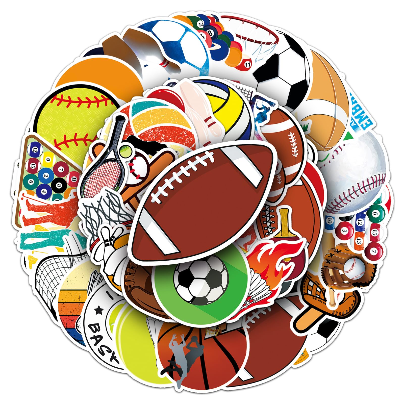 50Pcs Ball Sport Stickers Cool Basketball Baseball Football Volleyball Soccer Waterproof Vinyl Decal for Adult Teen Kids Notebook Water Bottle Laptop Luggage Phone Skateboard Helmet (Ball Game)