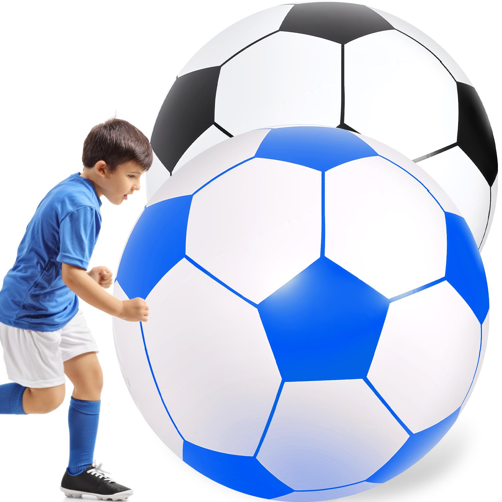 Lewtemi 2 Pcs 40 Inch Giant Inflatable Soccer Ball Large Huge Beach Balloons Football Sports Birthday Party Decoration Favors Valentines Gifts Pool Toys for Outdoor Activity Games(Black Blue)