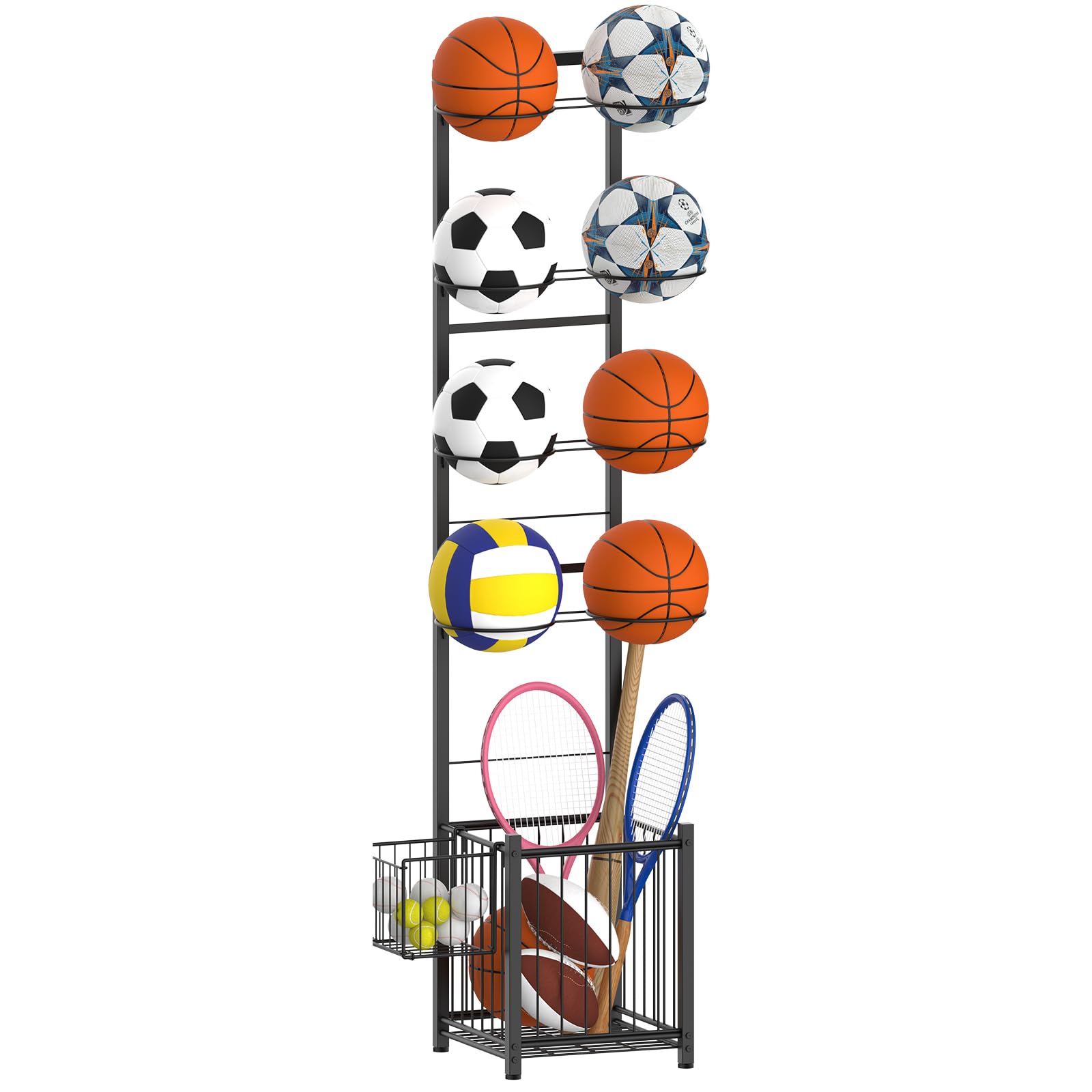 CADUKE Basketball Storage Vertical Ball Rack for Garage 8 Balls Sports Ball Holder for Basketball Soccer Volleyball Football Rackets in Garage Indoor Outdoor Black