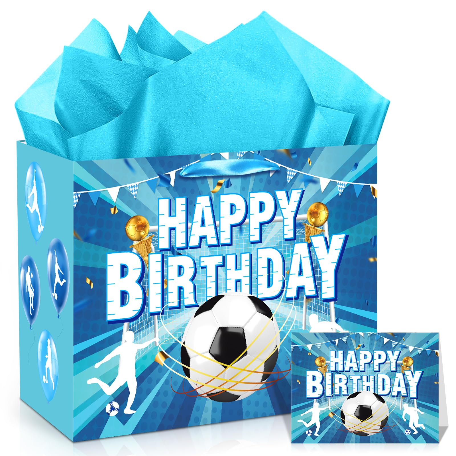 Soccer Birthday Gift Bag for Boys Blue Soccer Wrapping Paper Favors Bags with Tissue Paper Card Large Soccer Ball Birthday Goodie Treat Bags for Sport Theme Baby Shower Party Decorations Supplies