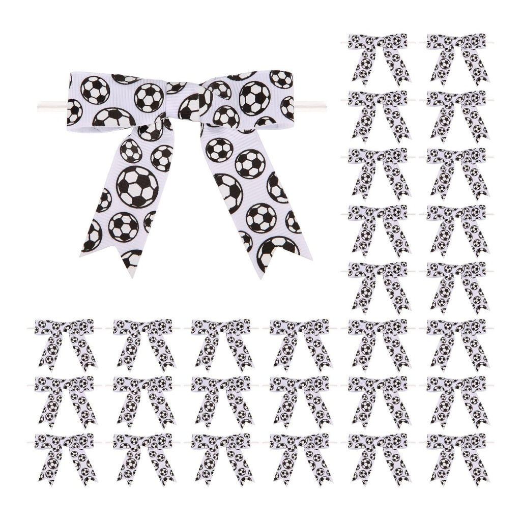 Meseey 30 Pcs Soccer Ball Printed Ribbon Bows 3 Inch Twist Tie Crafts Small Bows for Gift Wrapping Baby ShowerWedding Party Favors Cake PopsTreat Bags (Soccer)