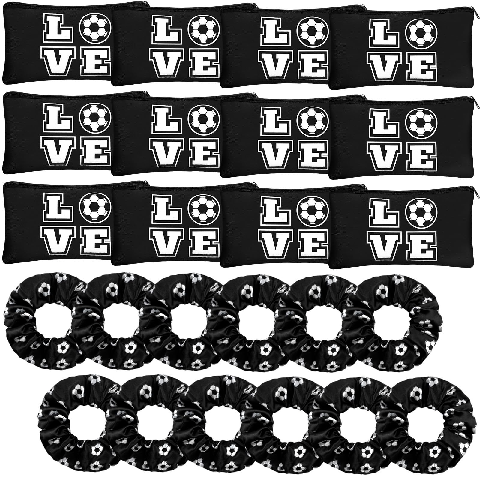 Sweetude 24 Pcs Soccer Gifts 12 Soccer Makeup Bag 12 Satin Soccer Scrunchies for Girls Portable Cosmetic Travel Soccer Bag Elastic Soccer Hair Ties Soccer Favors for Women Girls Team Players (Black)