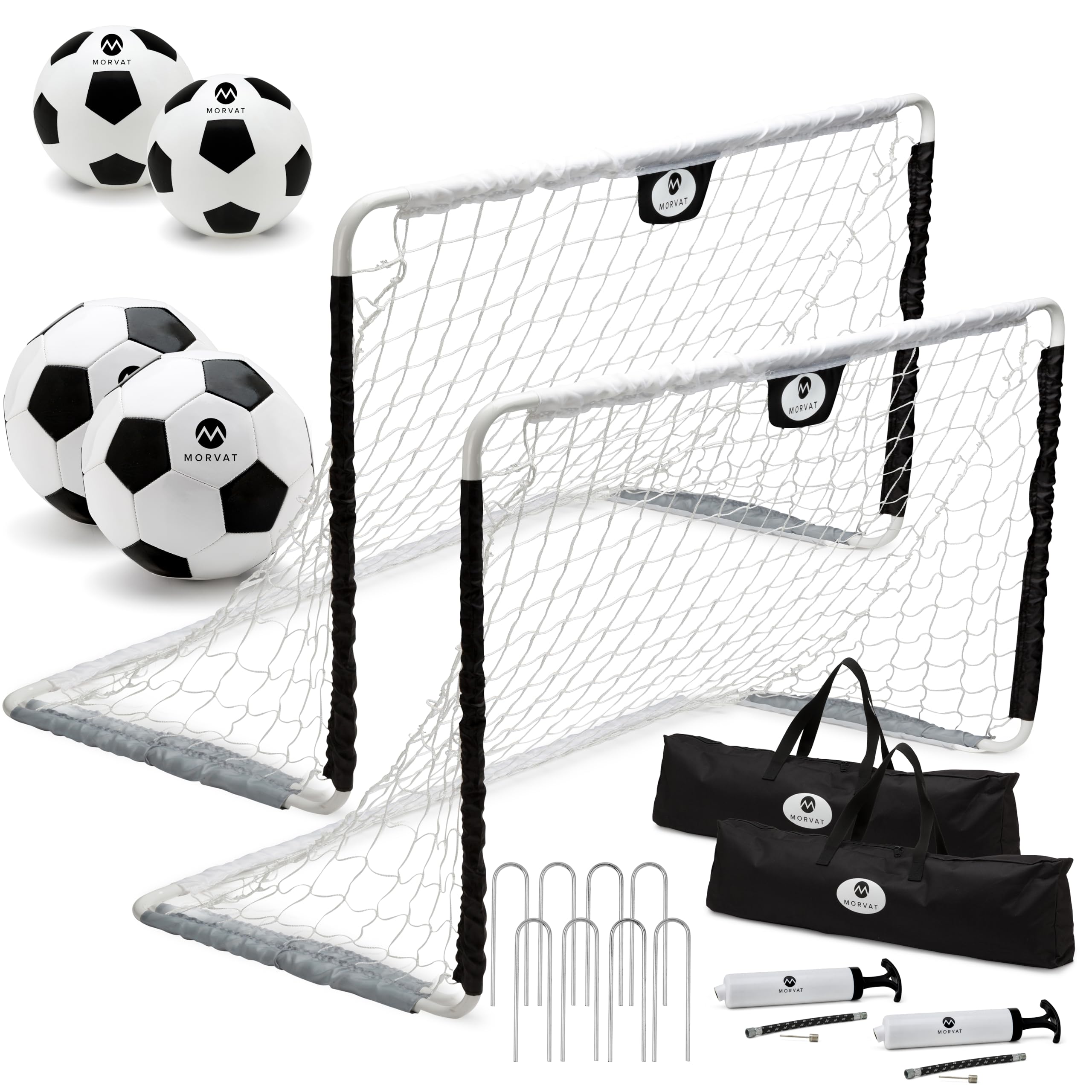 Morvat Kids Metal Poles Soccer Goal Set Portable Lightweight Training Equipment Backyard & Indoors Premium 48”x30” Net 2 Size Soccer Balls Ball Pump Storage Bag – Black/White