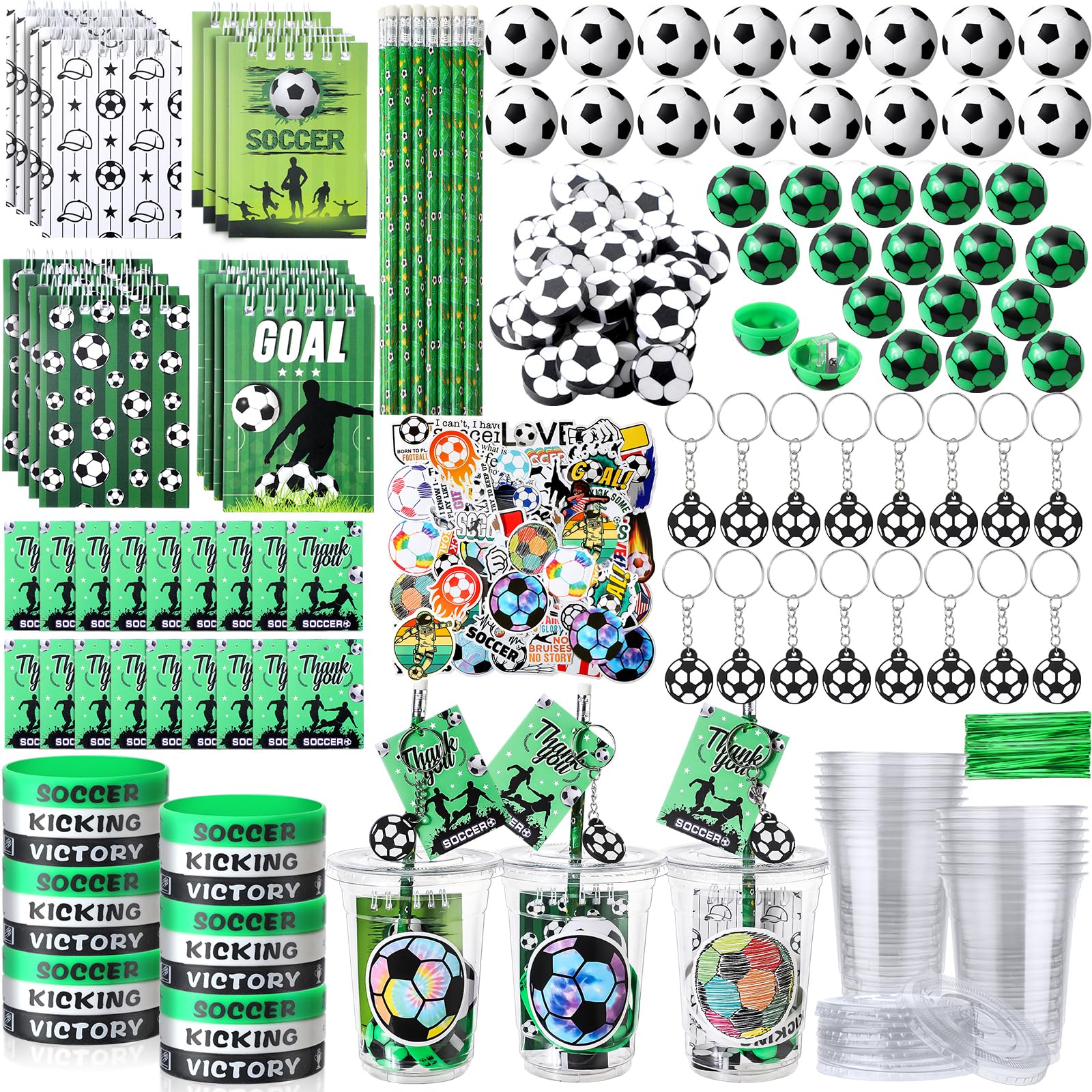 Colarr 195 Pcs Soccer Birthday Gifts Party Favors Gift Cups Pencils Mini Book Keychains Wristbands Stickers Thank You Cards Eraser Sharpener Mini Ball for Basketball Football Soccer Party