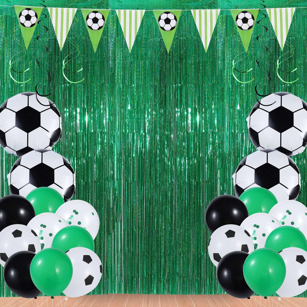 55Pcs Soccer Party Decorations Streamers Balloons Soccer Photo Props Soccer Party Backdrop 3.3x6.6 Ft Soccer Foil Fringe Curtain for Soccer Hame Day Soccer Themed Birthday(Green White Soccer)