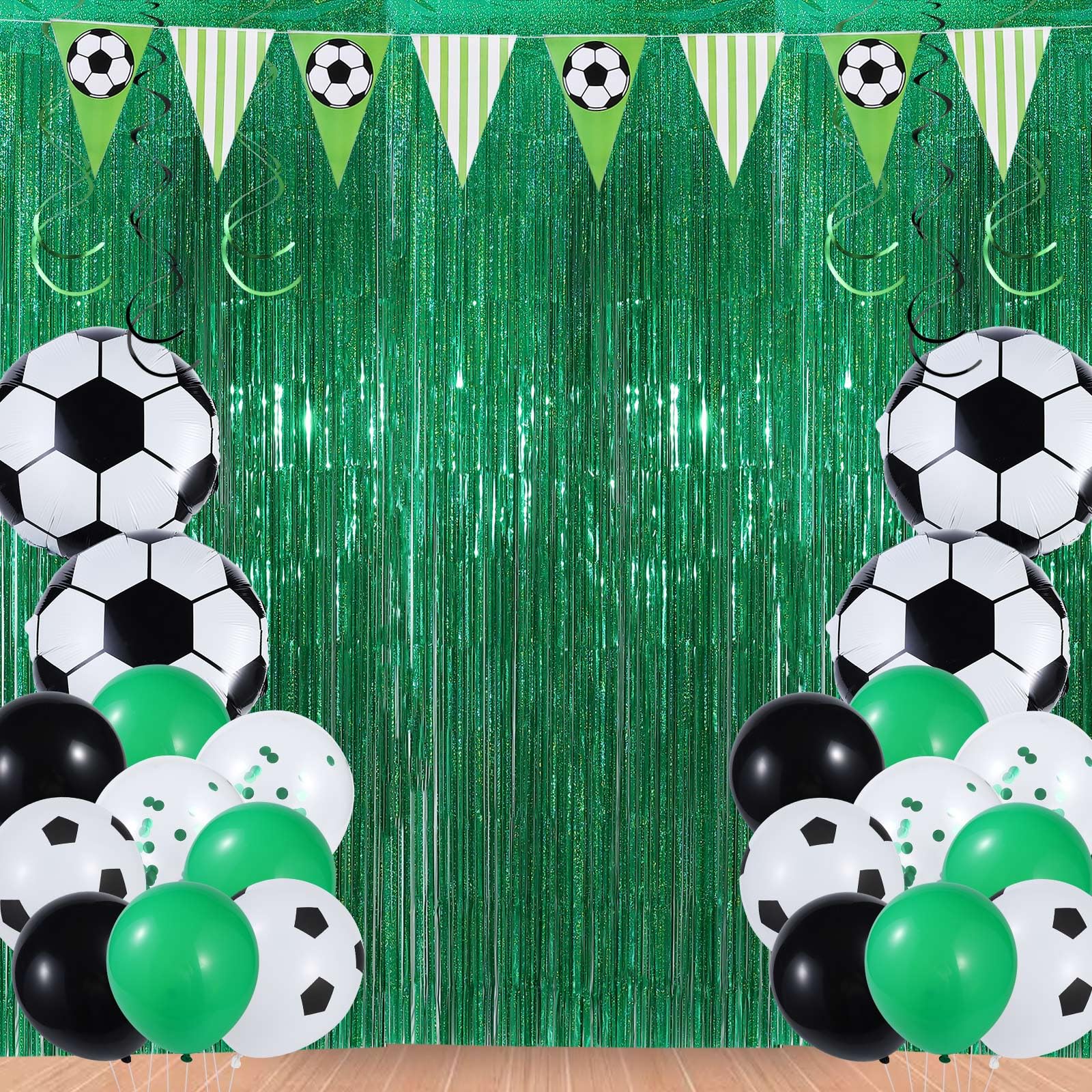 55Pcs Soccer Party Decorations Streamers Balloons Soccer Photo Props Soccer Party Backdrop 3.3x6.6 Ft Soccer Foil Fringe Curtain for Soccer Hame Day Soccer Themed Birthday(Green White Soccer)