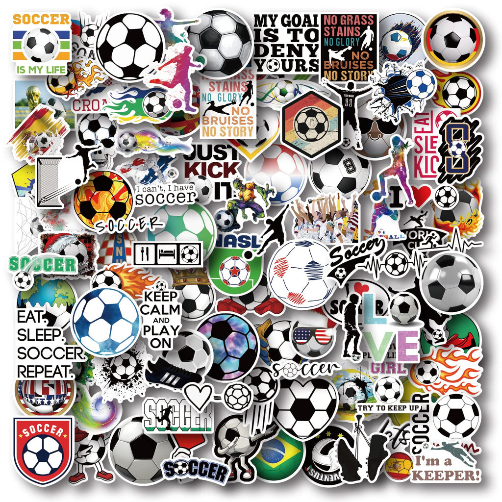 AOWDIAO 100 Pieces Soccer Stickers Vinyl Soccer Water Bottle Stickers Pack Soccer Gifts for Soccer Lovers Soccer Party Favors Soccer Decorations