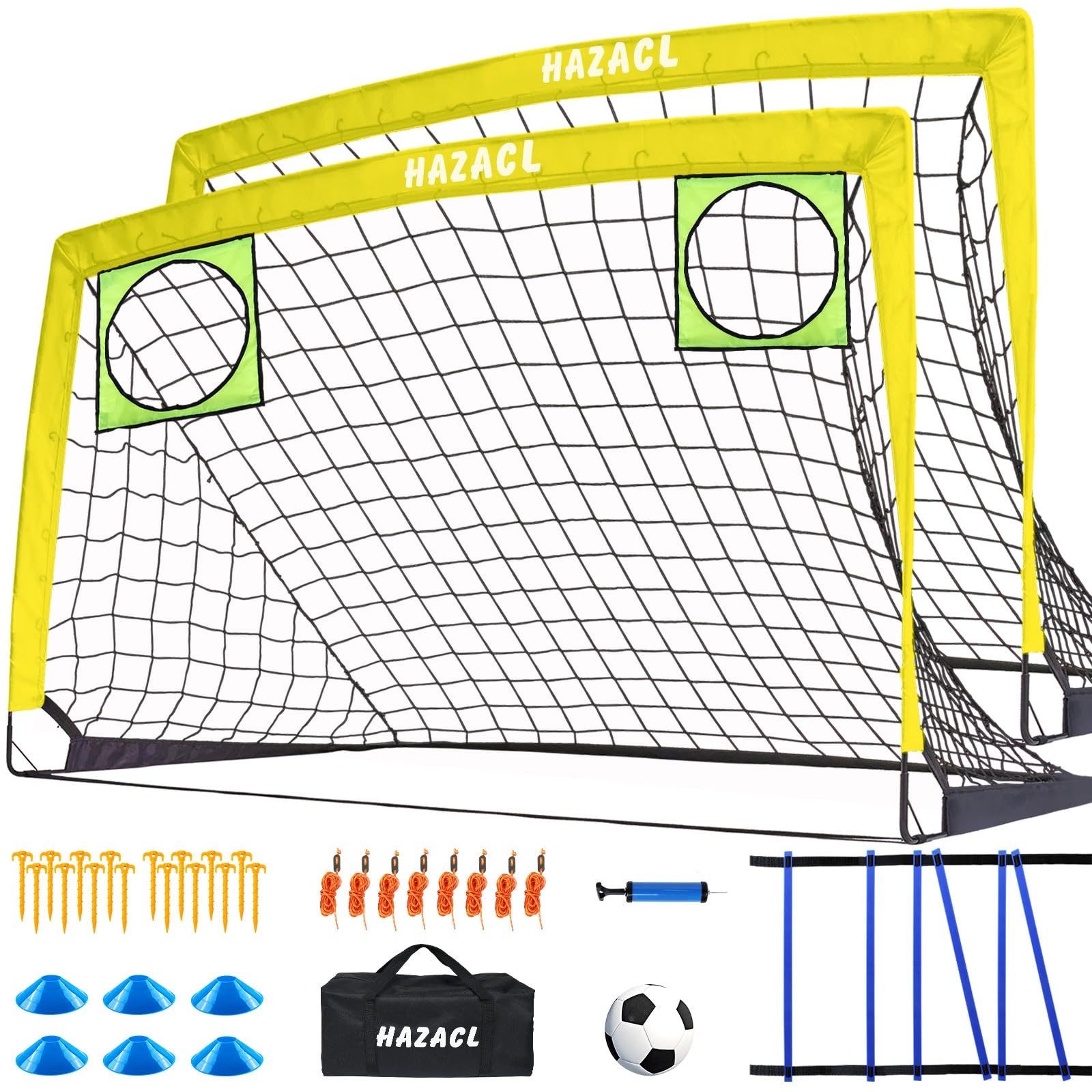 Hazacl Kids Soccer Goal for Backyard 6x4 9x5 FT Portable Soccer Nets Pop Up with Ball Agility Ladder Cones Target & Carry Bag for Toddler Youth Outdoor Indoor Training Practice Sports Games Play