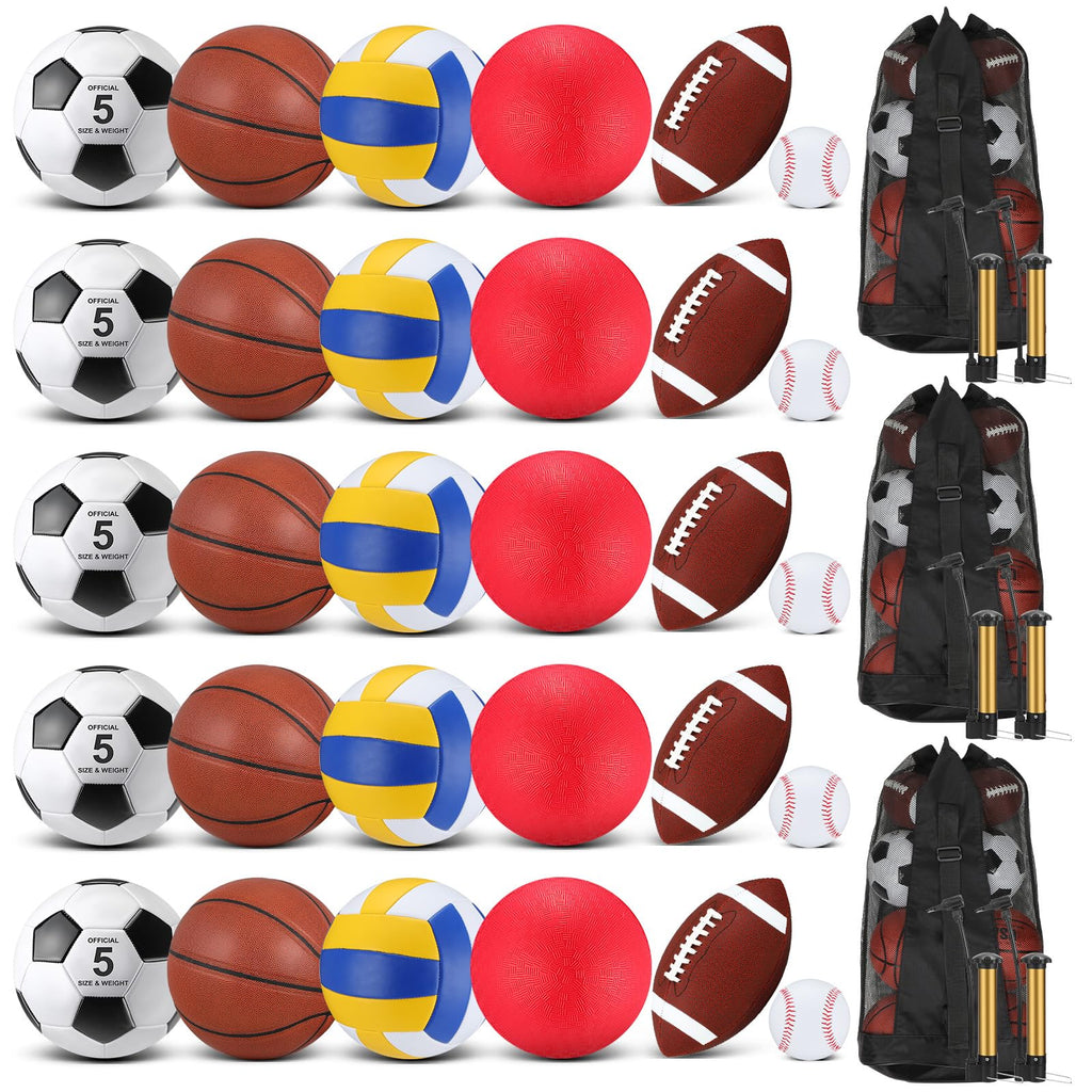 Liliful 36 Pcs Bulk Sport Balls Set Football Soccer Playground Ball Basketball Volleyball Baseball Multi Sport Equipment Bag Pump for Kid Adult Assorted Sport Ball Operation Christmas(Brown Red)