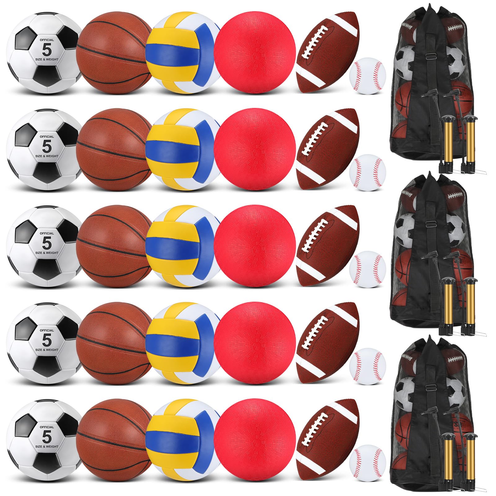Liliful 36 Pcs Bulk Sport Balls Set Football Soccer Playground Ball Basketball Volleyball Baseball Multi Sport Equipment Bag Pump for Kid Adult Assorted Sport Ball Operation Christmas(Brown Red)